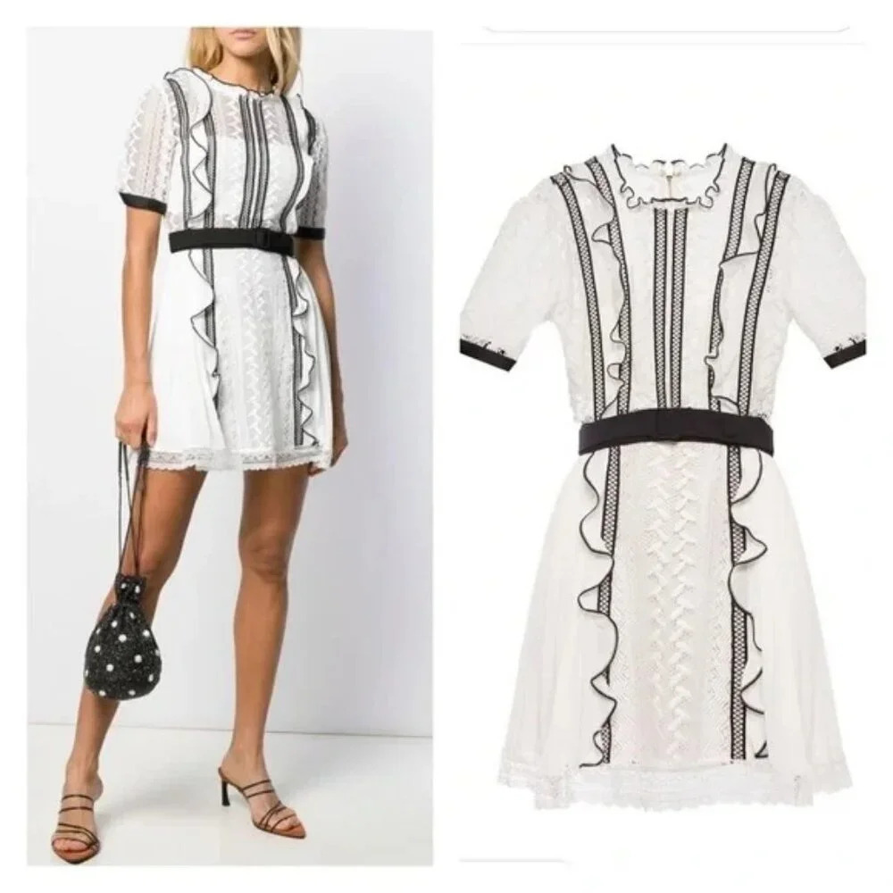 NWT Self-Portrait Monochrome White Black Guipure Lace Frill Mini Dress $440